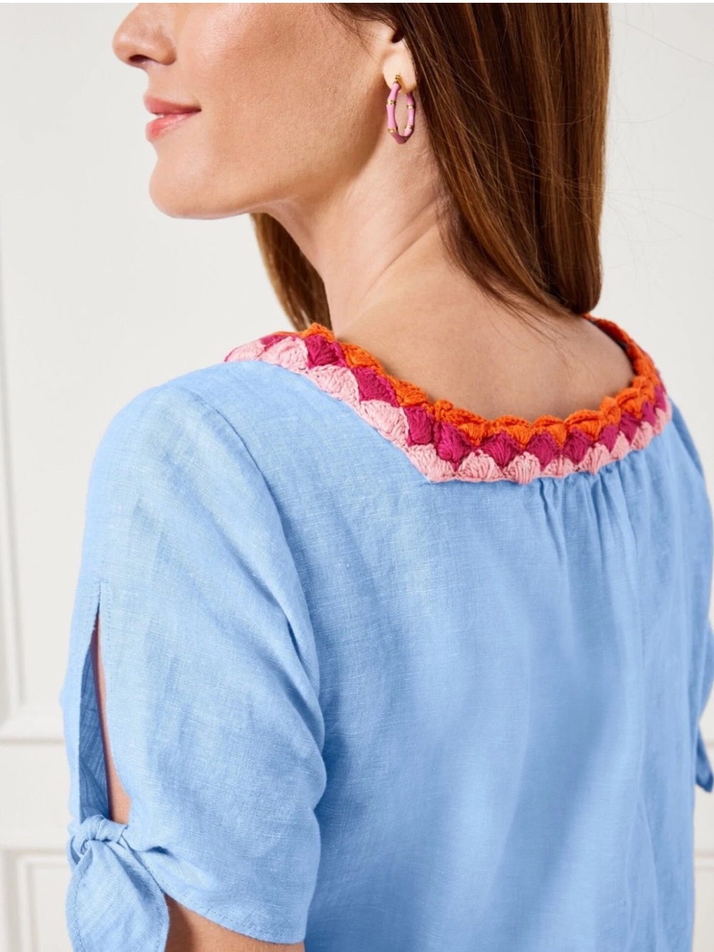 Talbots Linen Cotton Blend Blue Crochet Knit Colllar Tie Sleeve Top Sz Large - Picture 11 of 11